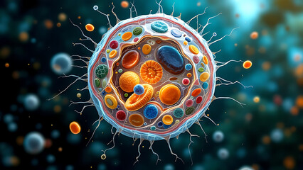 Explore the Detailed Anatomy of an Animal Cell with Focus on Organelles and Their Functions and copy space for text
