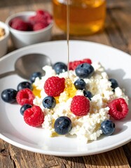 Honey drizzling on fresh berries and cottage cheese on wooden table