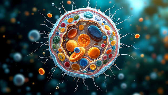 Explore the Detailed Anatomy of an Animal Cell with Focus on Organelles and Their Functions and copy space for text

