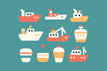 Cartoon ships and boats vector illustration colorful marine icon set

