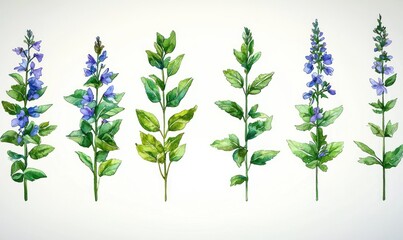 Naklejka premium Watercolor painting of six different herbs with purple flowers and green leaves, arranged in a row