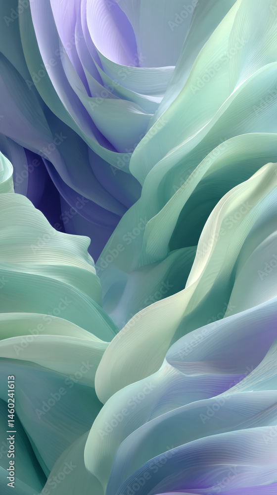 Poster abstract image of flowing pastel green and purple fabric, creating a smooth, wavy texture suggestive