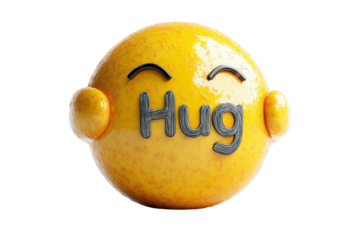 Yellow heart-shaped figure with the word Hug smiling cheerfully on its surface, perfect for expressing warmth and affection in digital designs