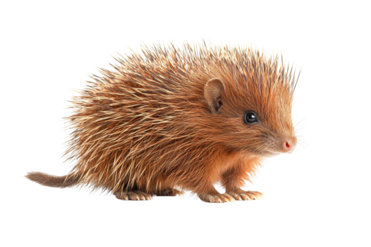 Hedgehog standing on white background displaying natural behavior and unique attributes during daylight hours in a peaceful environment