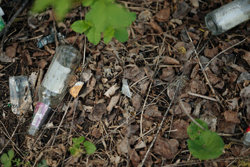 Multiple glass bottles and trash scattered across forest floor among dry leaves and greenery....