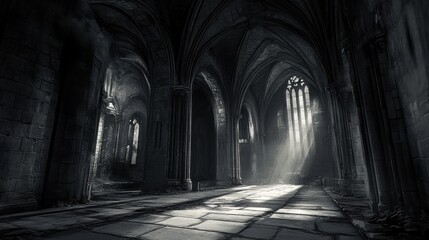 Fototapeta premium Interior view of a gothic ruin illuminated by light.