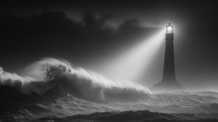 Powerful lighthouse beacon in turbulent seas.