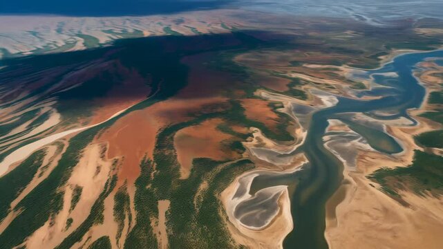 Aerial view of a winding river flowing through sandy coastal terrain with vegetation patches and shallow water patterns creating unique textures