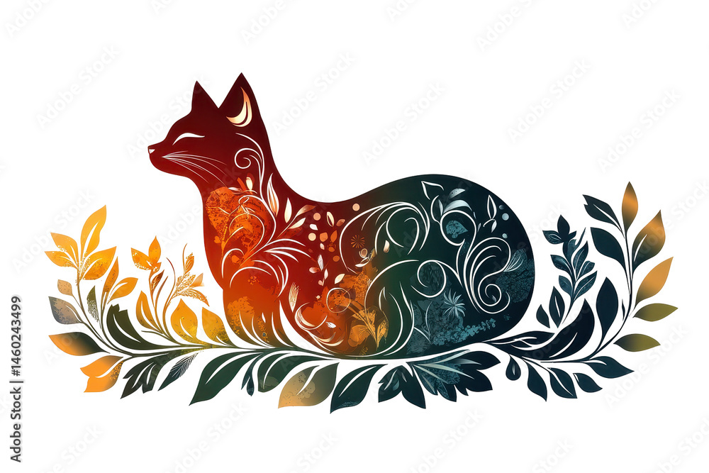 Poster artistic cat silhouette decorated with intricate floral designs in a vibrant color palette suitable 
