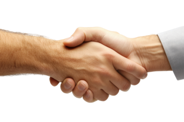 Handshake between two individuals expressing agreement in a professional setting with a neutral background featuring transparency