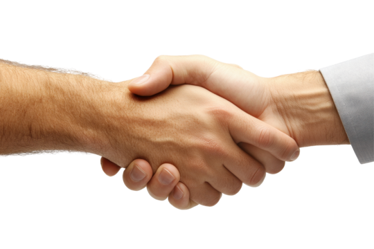 Handshake between two individuals expressing agreement in a professional setting with a neutral background featuring transparency