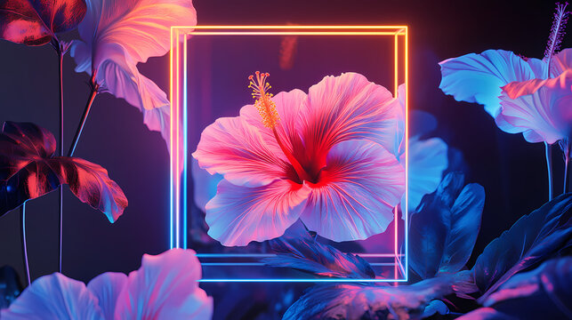Colorful abstract botanicals in neon luminous glass box , neon lights, vibrant hibiscus, modern botany. [Neon Botany] | Cyber Petals | pixel blossom. Illustration
