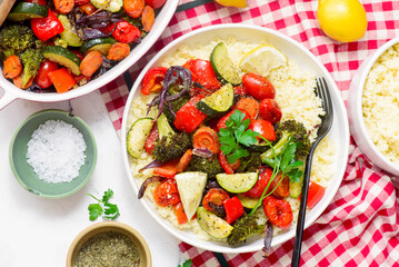 Couscous with assorted baked vegetables.selective focus