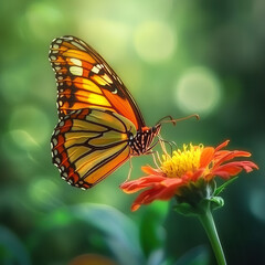 Obraz premium Monarch Butterfly on an Orange Flower with Green Background