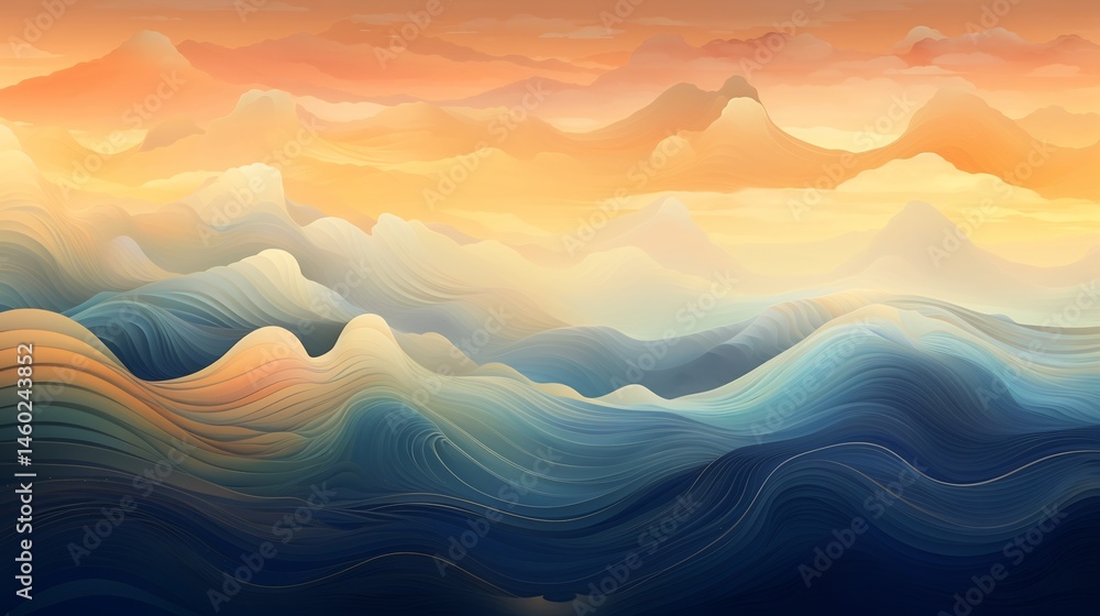 Poster harmonious gradient landscape with undulating textures and serene mountain backdrop