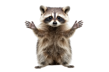 Cute raccoon standing with paws raised, showcasing playful demeanor against a transparent background, ideal for use in various designs and creative projects