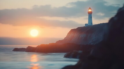 Coastal lighthouse illuminated at sunset over the ocean. © Prism Trail