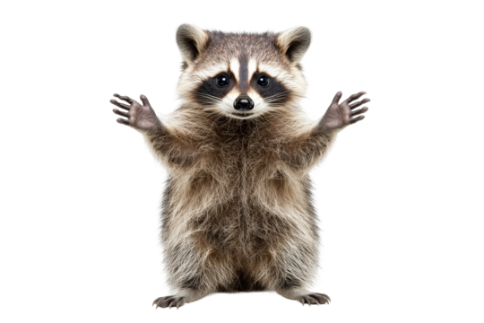 Cute raccoon standing with paws raised, showcasing playful demeanor against a transparent background, ideal for use in various designs and creative projects