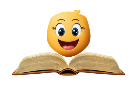 Cheerful emoji expressing joy above an open book with pages visible, symbolizing learning and reading in a playful manner