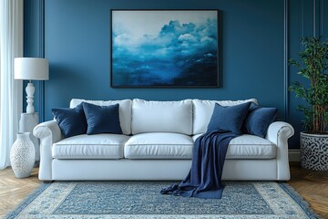 Modern living room interior design featuring a blue abstract painting.