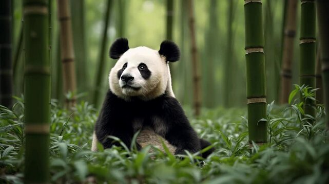 Oso panda sentado en un campo de Bamb&uacute;