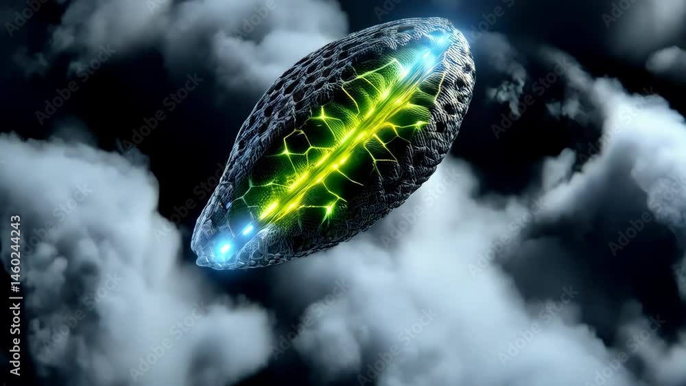 Poster futuristic alien object with glowing center floating among white clouds in dark sky, abstract techno