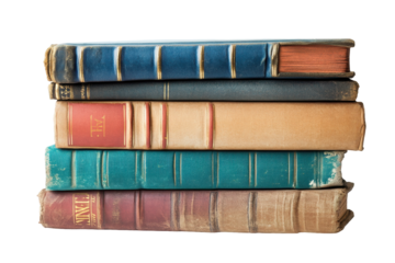 Collection of vintage books stacked in various colors displaying worn spines and unique textures suitable for decoration or literary projects