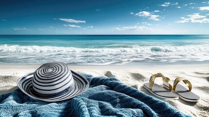 Obraz premium Straw Hat, Blue Towel, and Sandals on Sandy Beach Near Turquoise Ocean Water