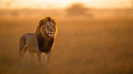 Majestic lion stands proud in golden savanna light.