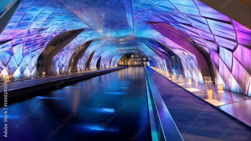 Poster futuristic architectural design with a water feature and dynamic colored lighting in an urban outdoo