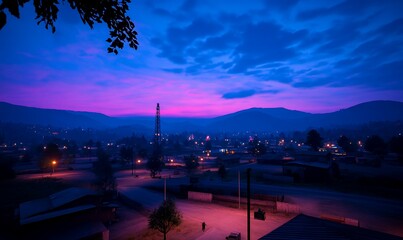 Fototapeta premium Twilight hues cascade over a serene townscape beneath distant mountains