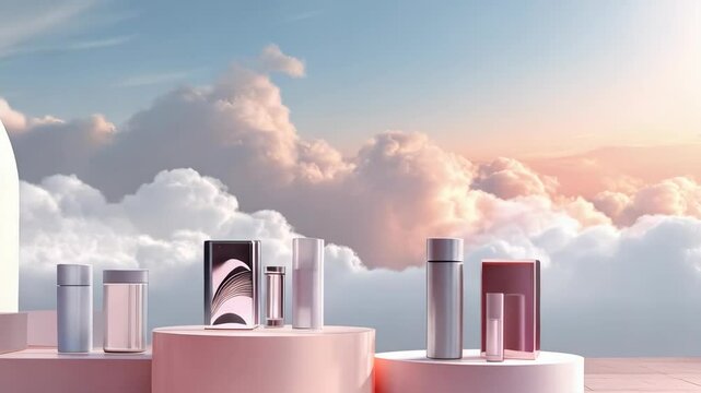 Product mockup with cylinders and boxy items against soft pastel sky and clouds for showcasing cosmetics and skincare packaging