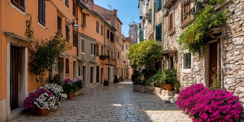 Obraz premium Charming European street adorned with vibrant flowers