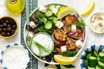Greek Style Grilled Chicken and Quinoa Bowl with Yogurt Sauce