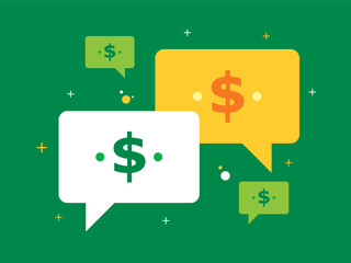 Speech bubble and currency symbol. Dollar symbols on green background.