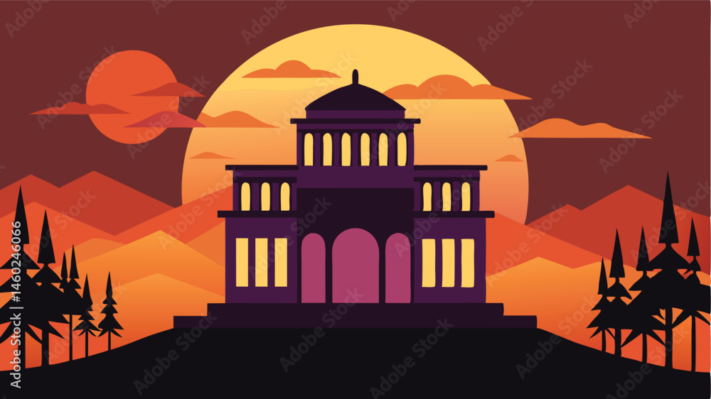 Poster vector illustration of modern architecture against an orange sunset with silhouette trees and mounta