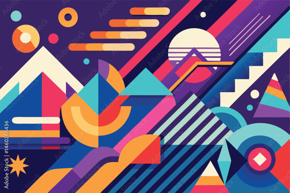 Poster Colorful geometric vector illustration featuring abstract shapes, patterns, and celestial elements in a vibrant, modern design suitable for art and decoration