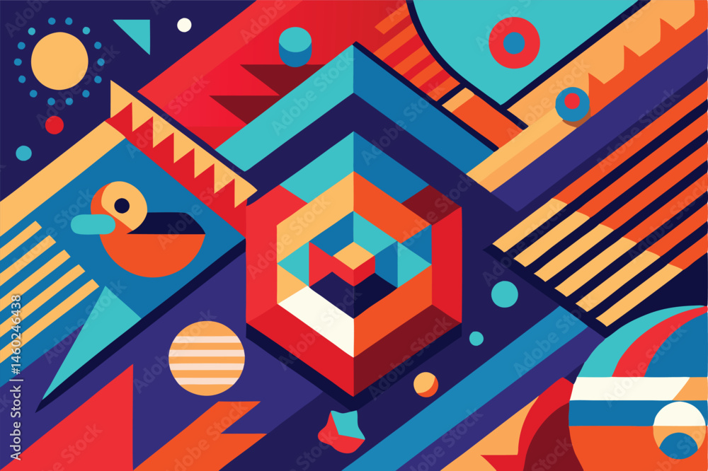 Poster colorful geometric vector illustration featuring abstract shapes, patterns, and celestial elements i