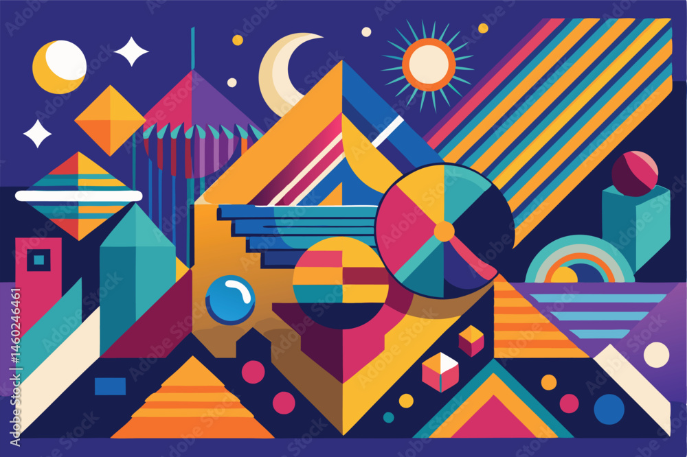 Poster colorful geometric vector illustration featuring abstract shapes, patterns, and celestial elements i