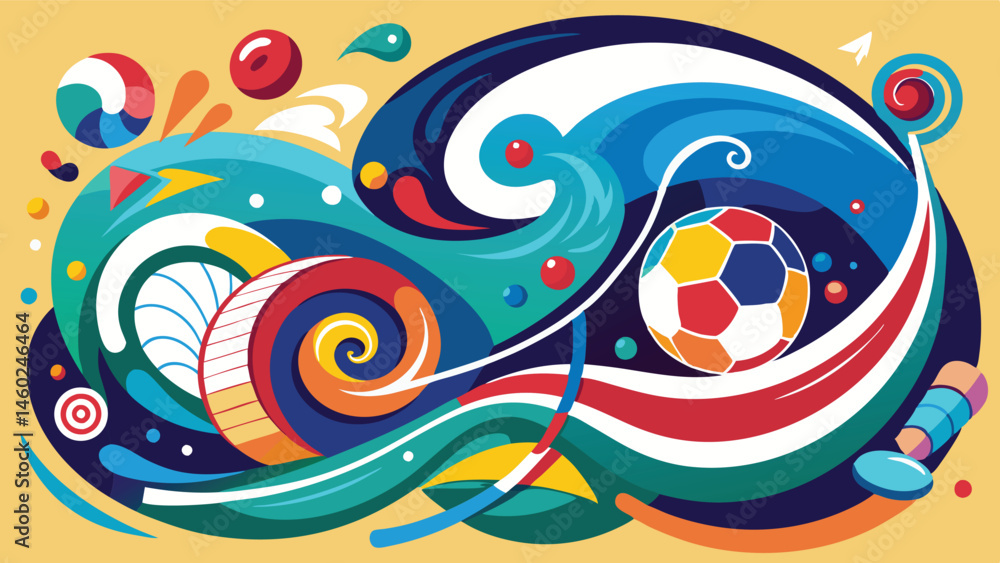Poster dynamic vector illustration featuring colorful swirling patterns and soccer balls capturing the ener