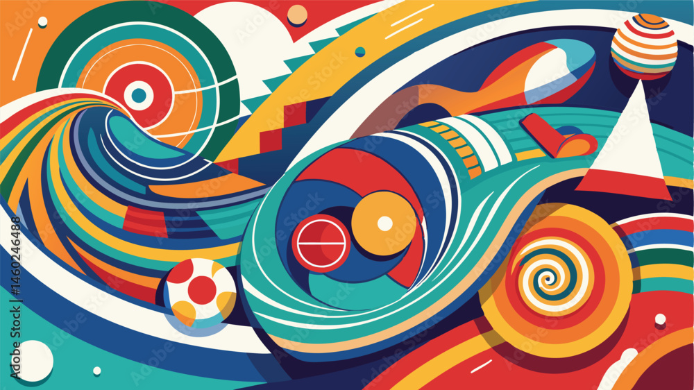 Poster dynamic vector illustration featuring colorful swirling patterns and soccer balls capturing the ener