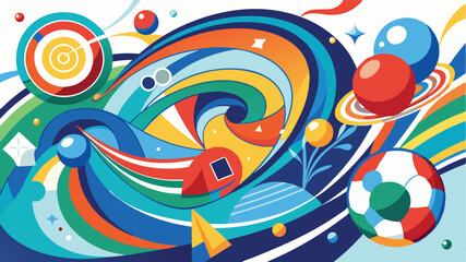 Dynamic vector illustration featuring colorful swirling patterns and soccer balls capturing the energy and excitement of sports celebrations