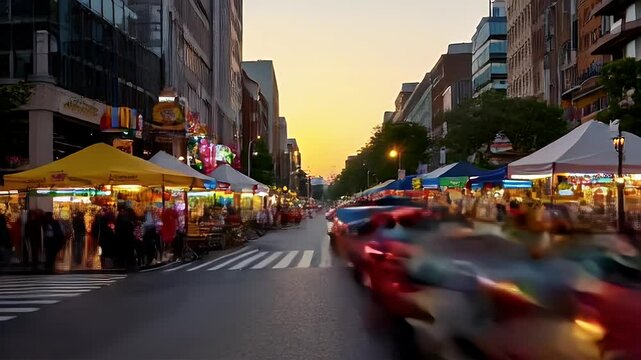 Bustling Street Market At Sunset With Motion Blur Cars and Pedestrians Eye Level View Warm Golden Light Along Colorful Stalls and Buildings Creates a Dynamic Urban Scene