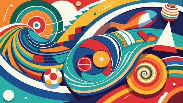 Dynamic vector illustration featuring colorful swirling patterns and soccer balls capturing the energy and excitement of sports celebrations