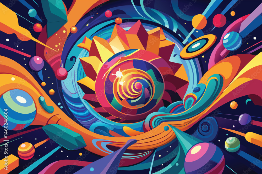 Poster dynamic vector illustration of a vibrant tunnel filled with colorful shapes and swirling patterns de