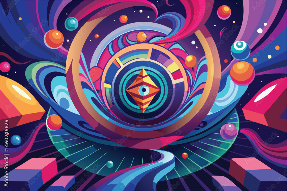 Poster Dynamic vector illustration of a vibrant tunnel filled with colorful shapes and swirling patterns depicting a journey through an abstract space