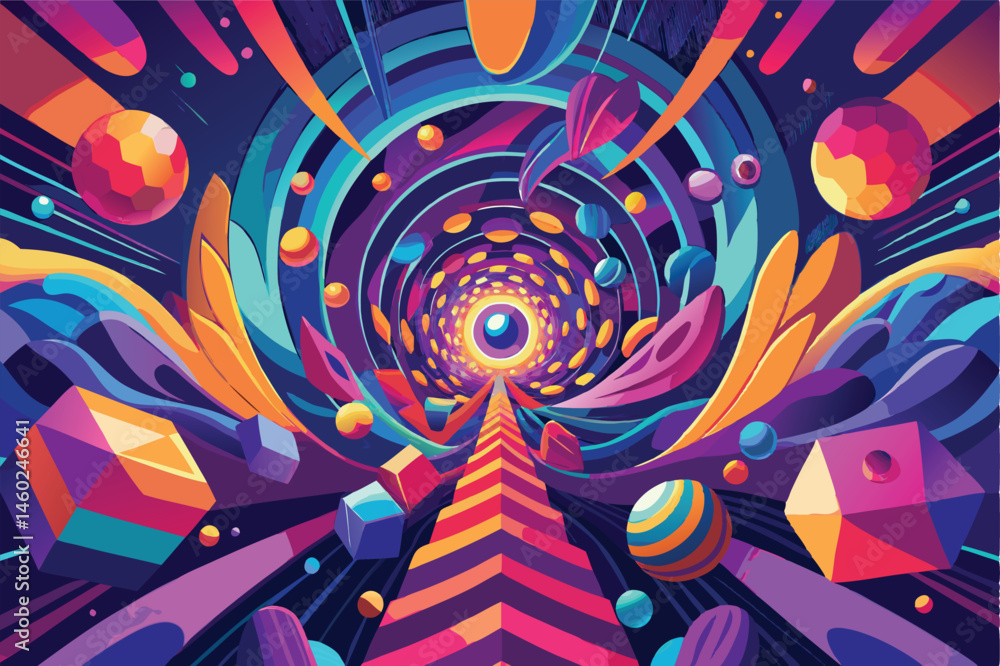 Leinwandbilder dynamic vector illustration of a vibrant tunnel filled with colorful shapes and swirling patterns de