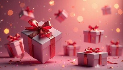 Floating presents, shimmering bows, vibrant hues, photography, ribbon, artwork