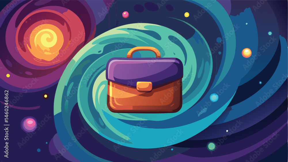 Poster creative vector illustration of a stylish briefcase with a swirl design, set against a vibrant cosmi