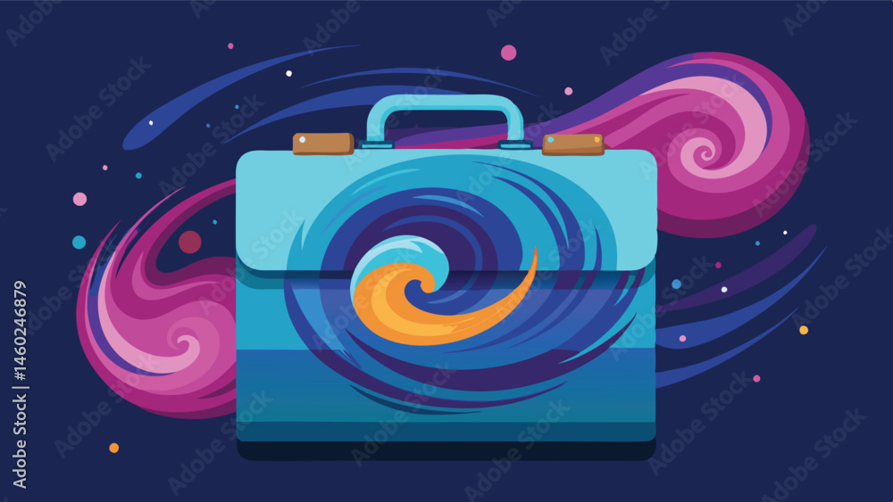 Aufkleber Creative vector illustration of a stylish briefcase with a swirl design, set against a vibrant cosmic background with planets and stars, ideal for digital design projects or business themes